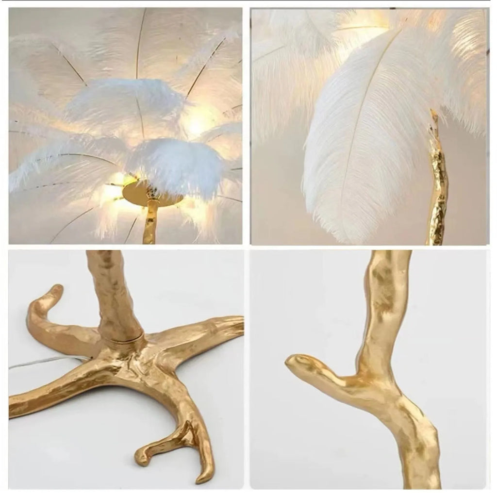 Tall decorative floor lamp with many resin feathers in choice of dark green, pink or white colour
