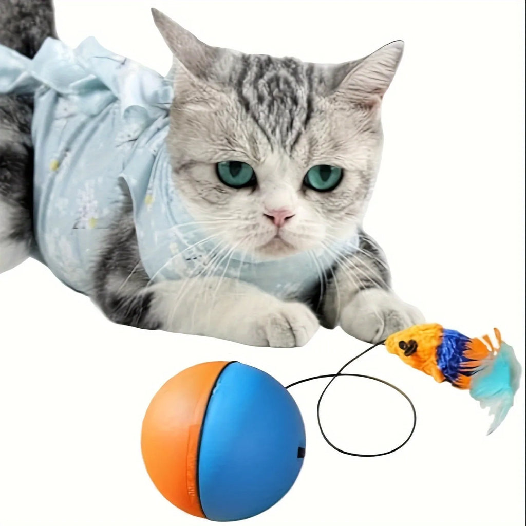Interactive cat toy with blue and orange exercise ball and attached plush mouse