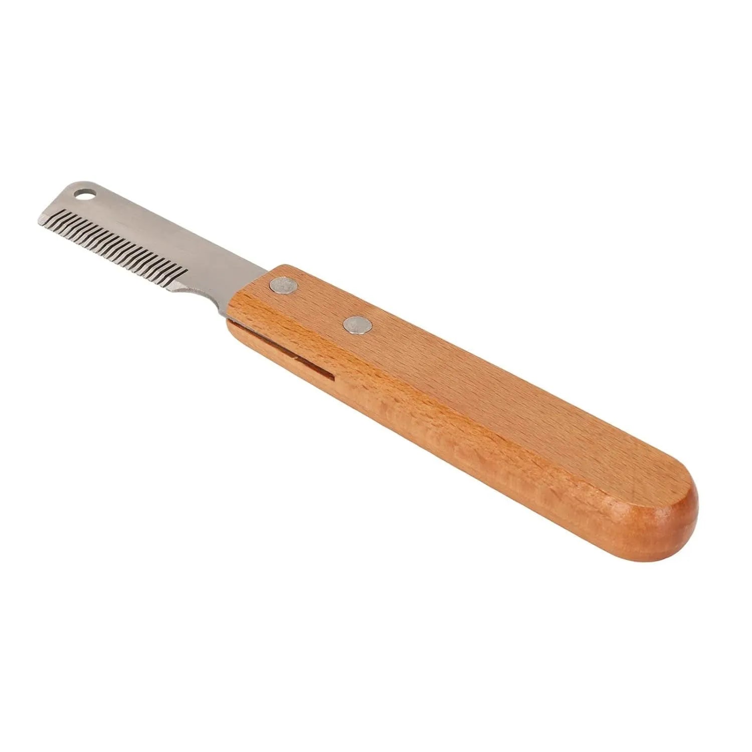 Pet stripping comb grooming tool with wood handle in two sizes for cats and dogs