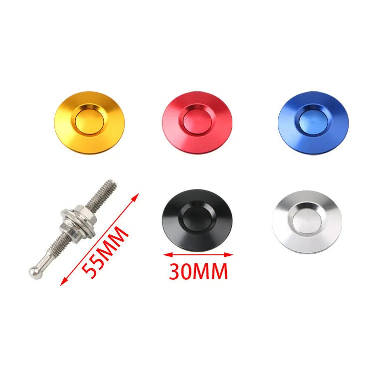30mm diameter aluminium engine cover lock with a long screw, shown in red, silver, black, gold, and blue colour options.
