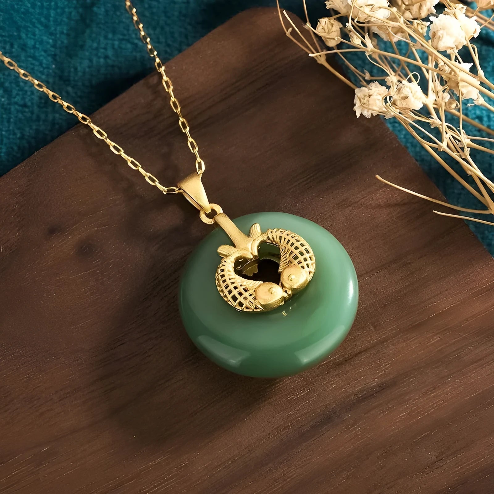 Gold koi animal zodiac necklace with green inlay pendant on adjustable chain