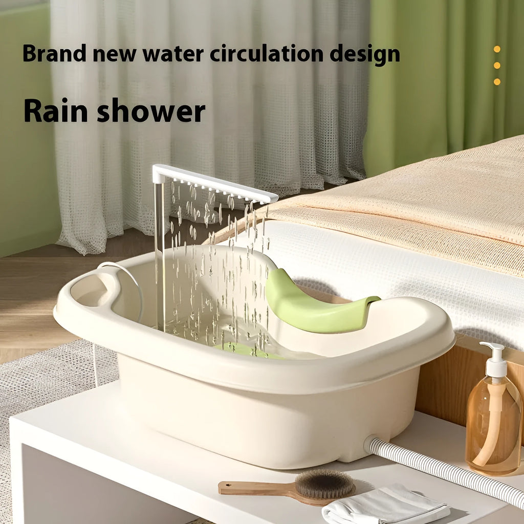 Portable plastic shampoo basin with circulating water pump and neck pillow for washing hair while lying in bed
