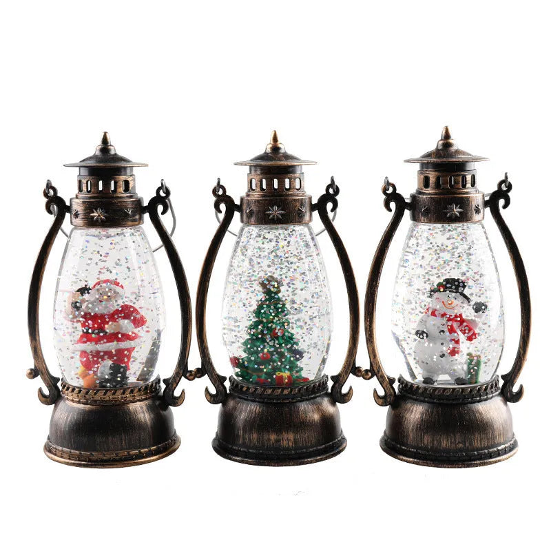 LED light-up crystal ball oil lamp Christmas ornament showing snowman or elderly figure design on a desktop.