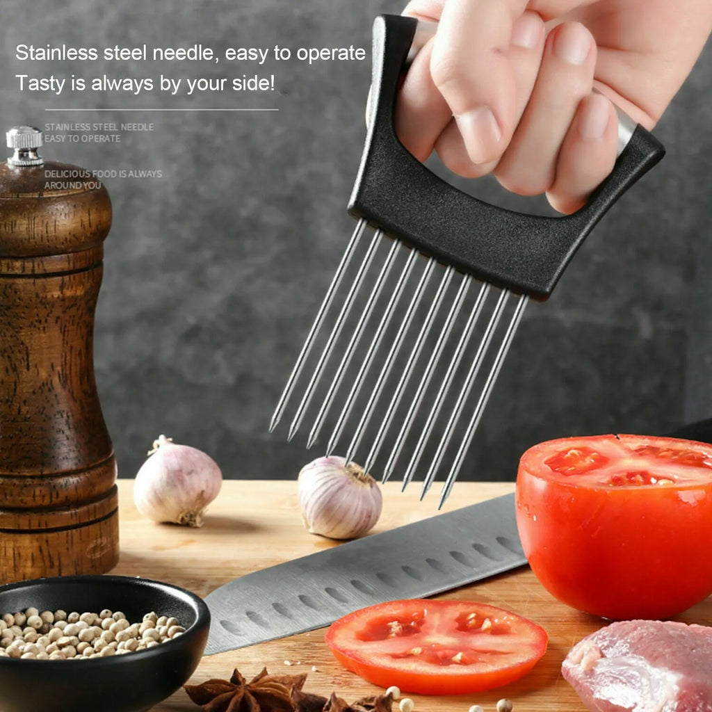 Stainless steel and ABS food slice assistant measuring 14cm by 9.5cm for holding vegetables during kitchen preparation