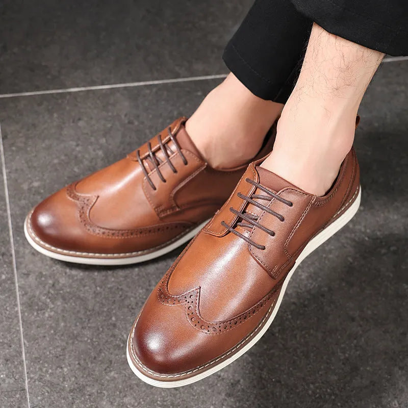 Men's black slip-on casual shoes with PU leather upper and round toe.