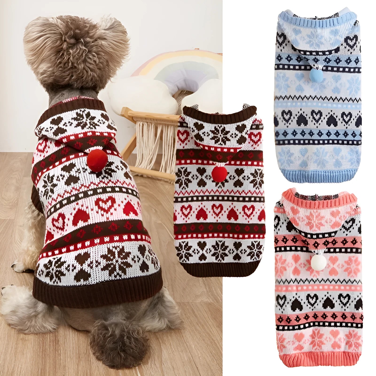 Acrylic knitted dog sweater with snowflake striped camouflage pattern in pink blue grey colours