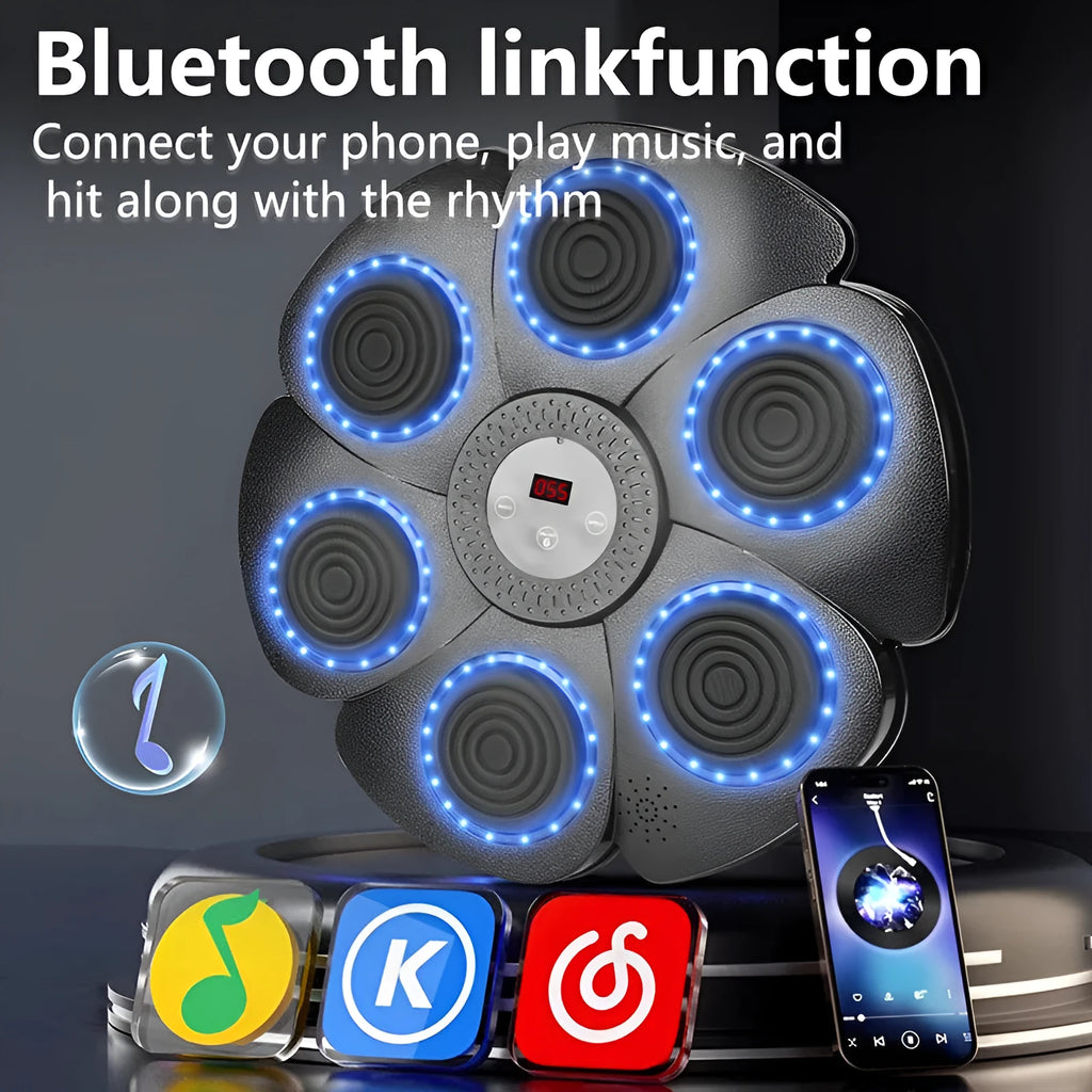 Smart music boxing machine with black plastic target, LED lights, and half-finger boxing gloves