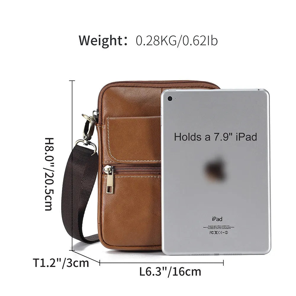 Men's brown leather crossbody shoulder bag with visible sewing lines