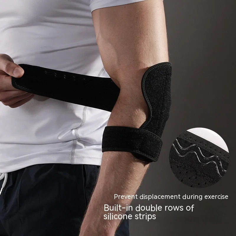 Black adjustable sports elbow guard shown on an arm.