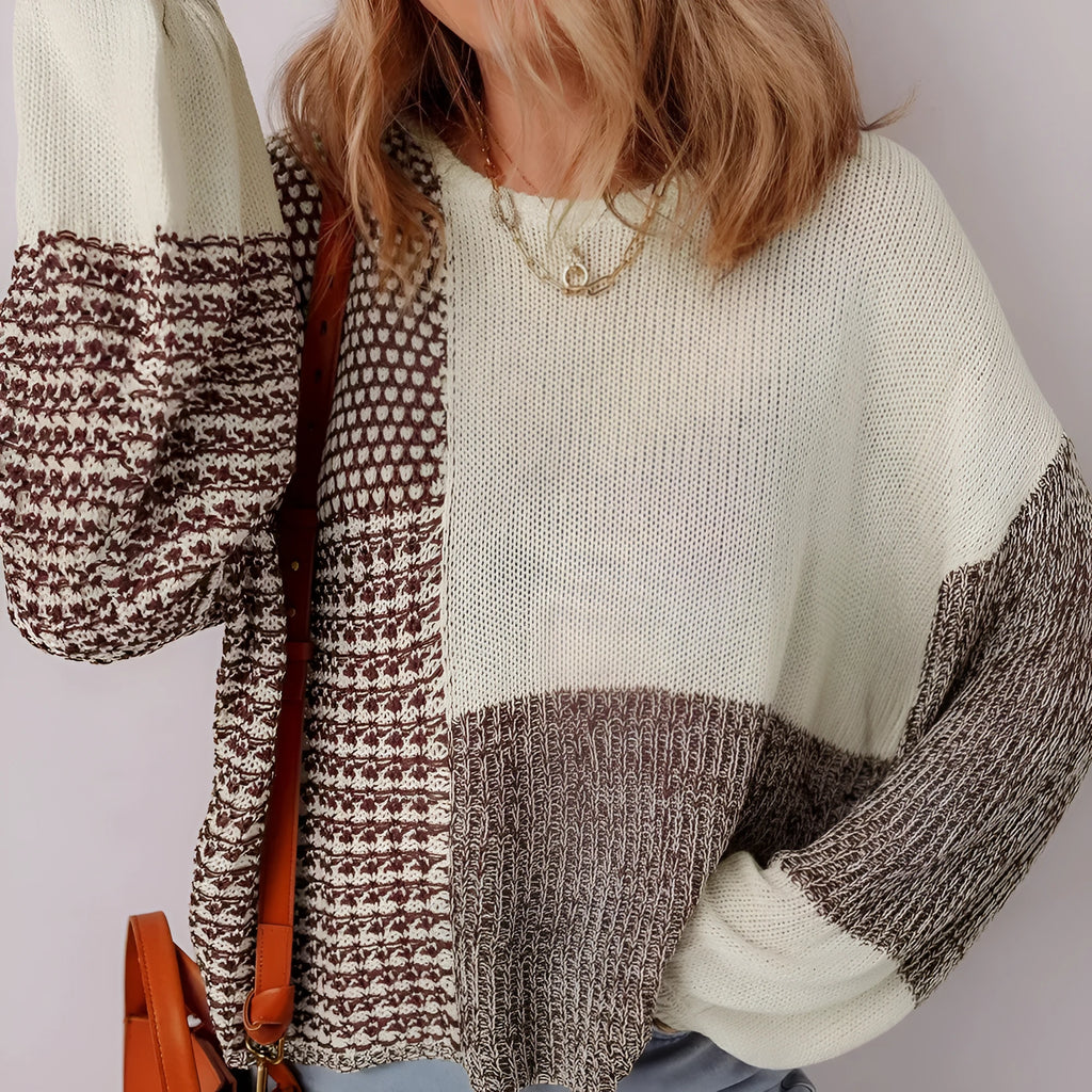 Dark khaki loose sweater with drop shoulders, colour block pattern, and a tie at the back.