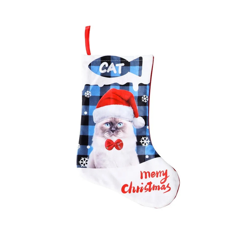 American style cloth Christmas decoration with plaid printed puppy and cat designs, size 26x36cm.