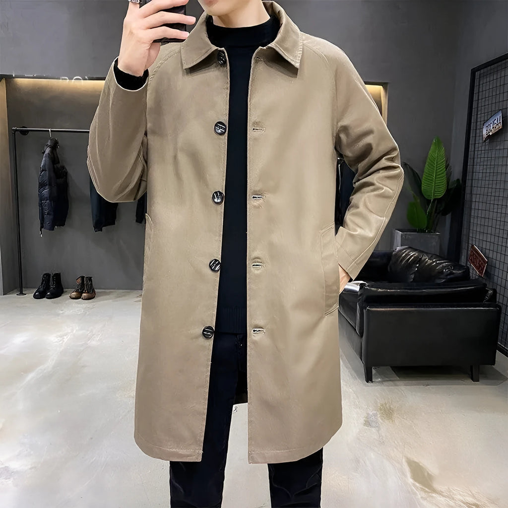 Men's loose fit rabbit fur trench coat in khaki colour with mid-length design