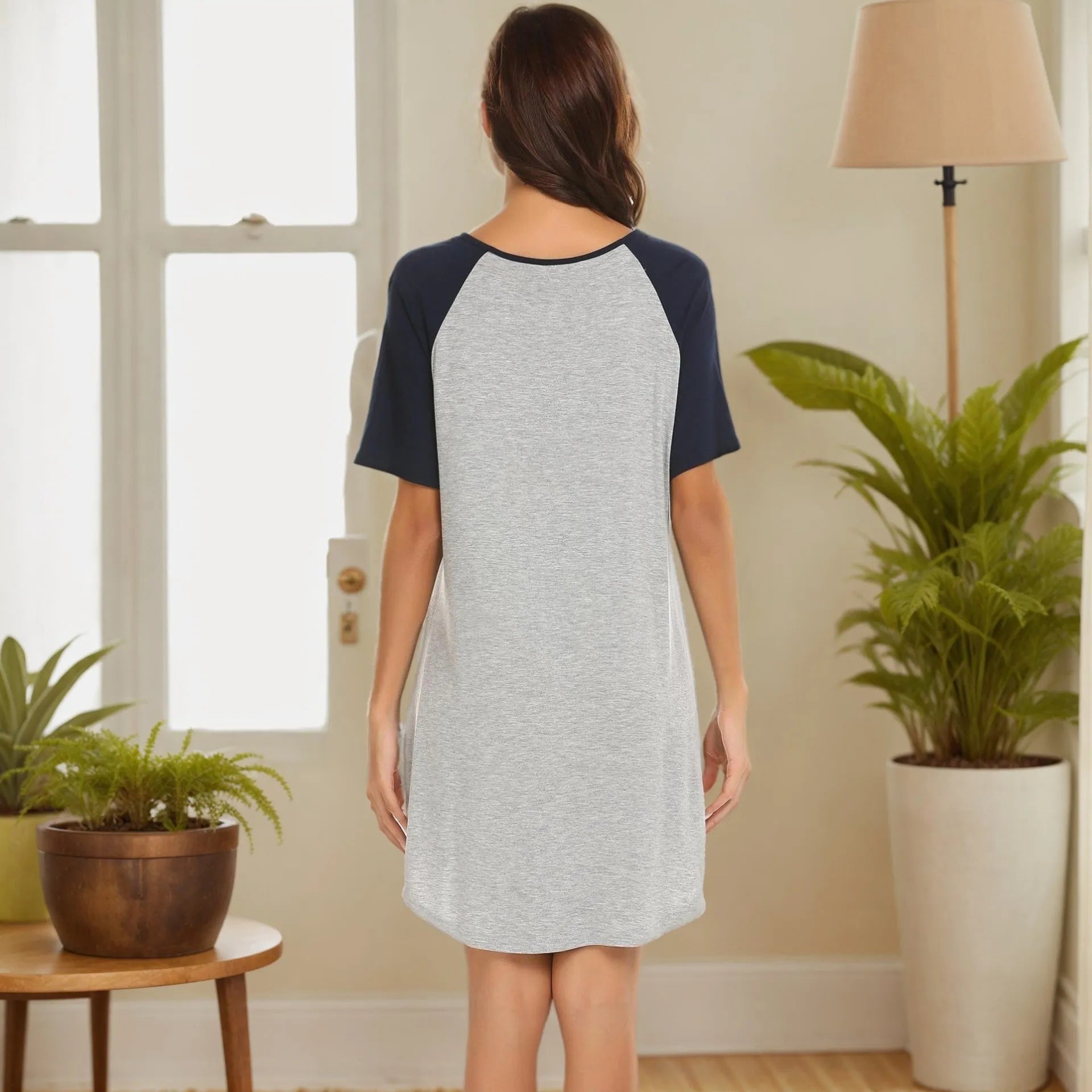 Women's navy and grey patchwork sleeve nightdress made from soft double-brushed fabric.