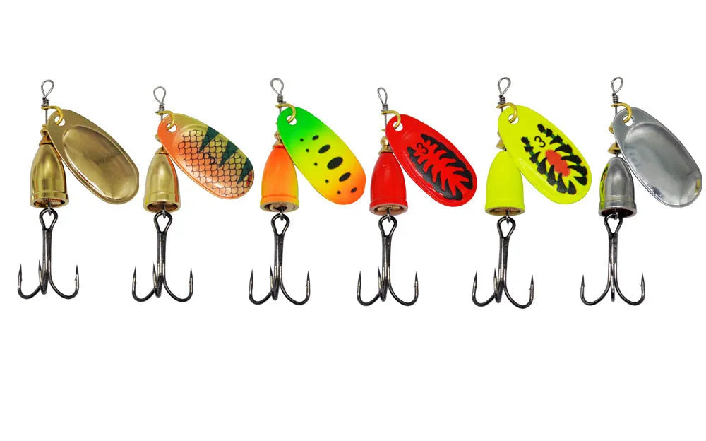 R Composite Rotating Sequins Copper Bell metal fishing lure in multiple colours including yellow green, gold, red, and silver.