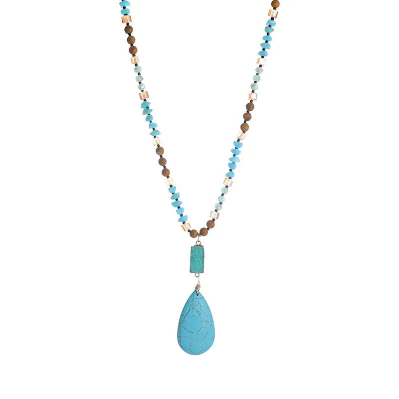 Turquoise water drop pendant necklace with mixed gem inlaid design and ball bead chain