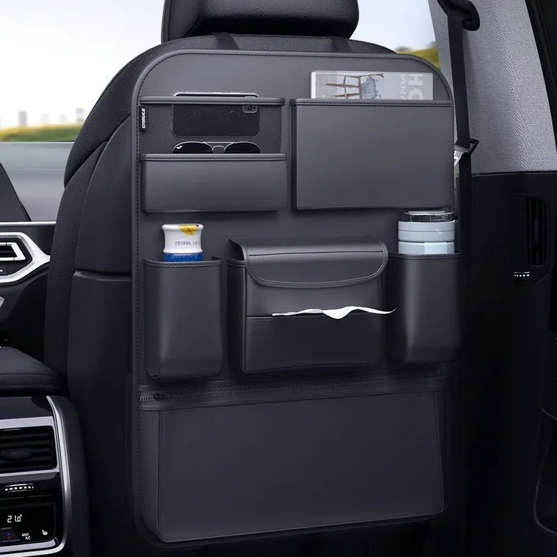 Black leather car seat back hanging storage bag with handle
