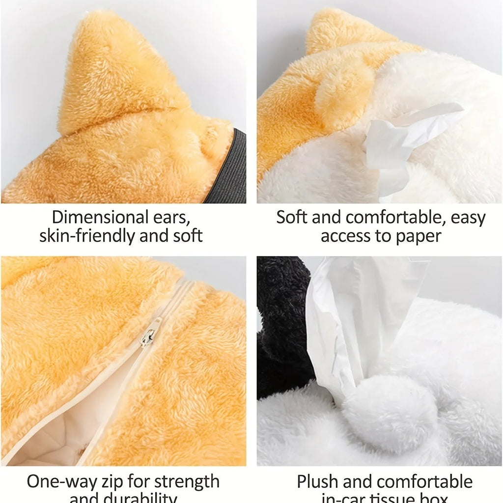 Soft yellow Corgi butt shaped tissue box cover with elastic strap for car sun visor
