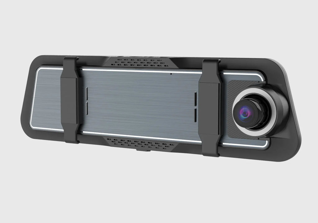 Dual-lens driving recorder with 9.66-inch touch screen mounted in vehicle
