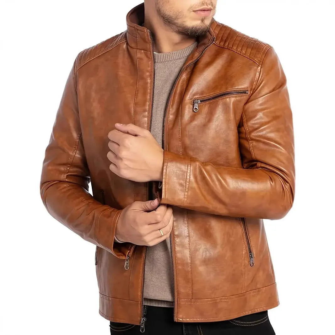 Men's brown artificial leather punk motorcycle jacket with a stand collar on a hanger.