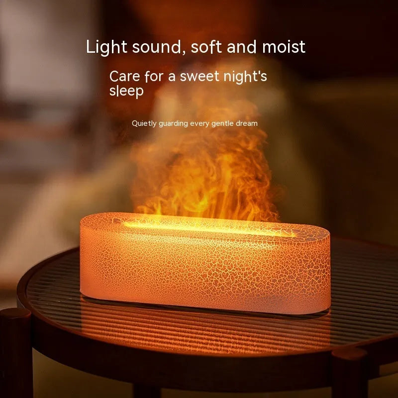 Square black and white USB lava flame aroma diffuser humidifier on a desktop