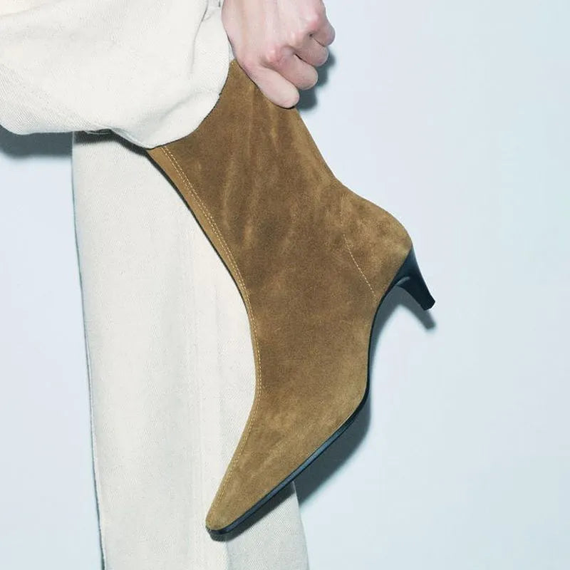 Brown square toe high heel ankle boot with side zipper and waterproof platform sole