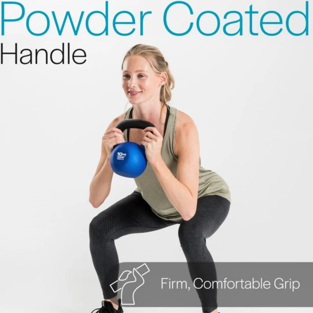 Blue cast iron teapot-style dumbbell on a solid background, showing its 10kg weight and one-piece design.
