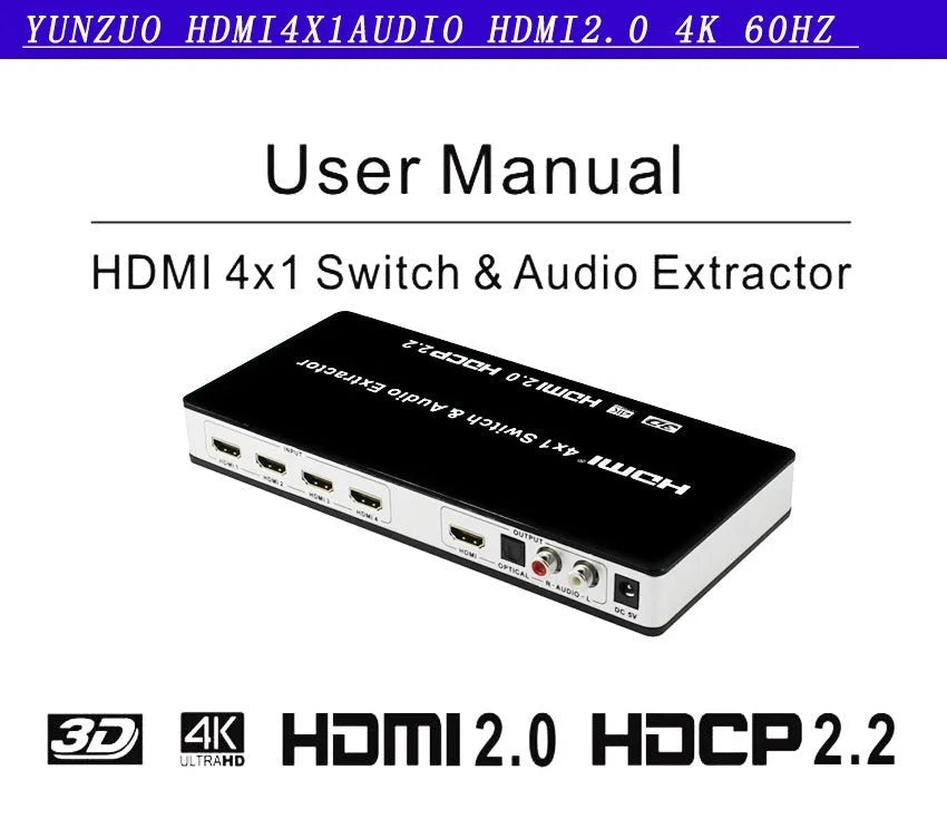 Black HDMI audio video switch with four input ports, one output port, remote control and power adapter