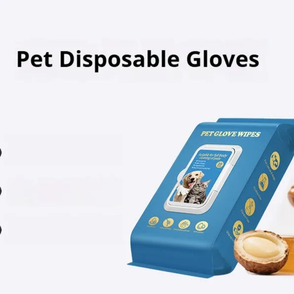 Pack of disposable wash-free gloves for cleaning and bathing pets like cats and dogs.
