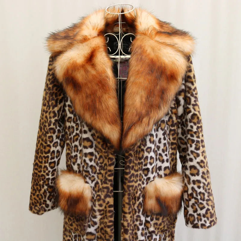 Long leopard print artificial fur jacket with regular sleeves on a hanger.