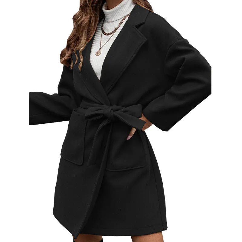 Minimalist long sleeve lapel button coat with belt and split hem in light blue colour