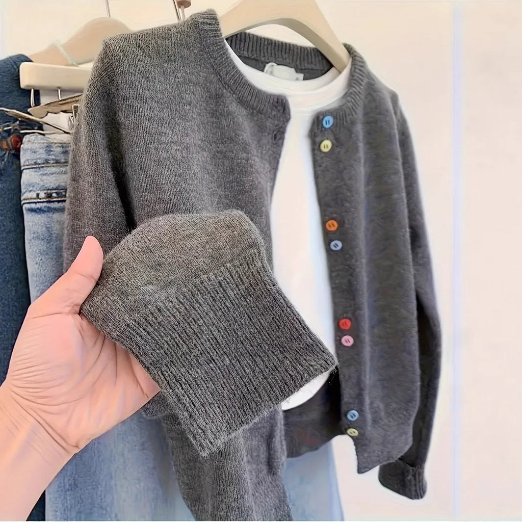 Dark grey women's cardigan sweater with button front and long sleeves