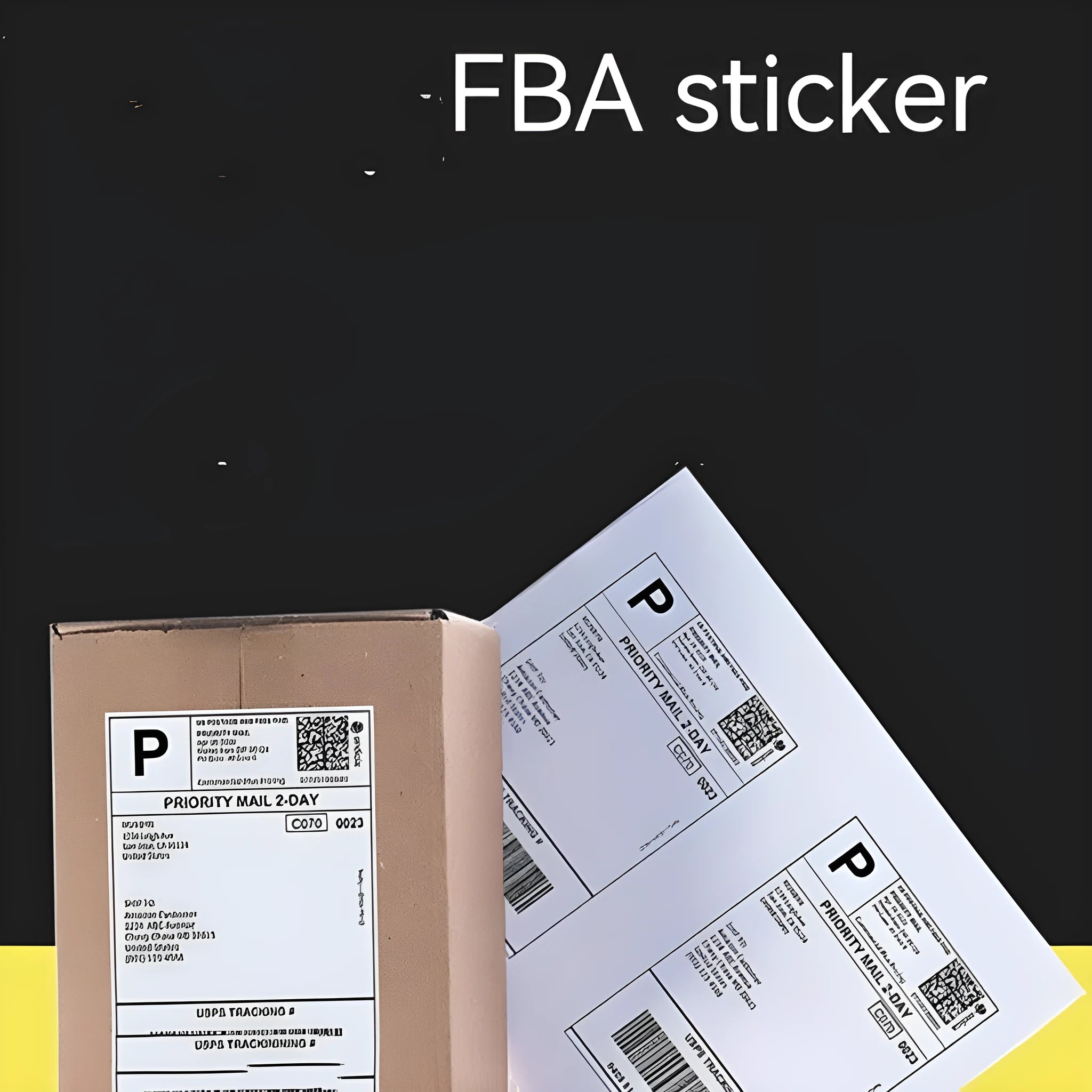 Pack of 100 blank white A4 FBA label sheets showing various pre-cut grid layouts for barcodes.