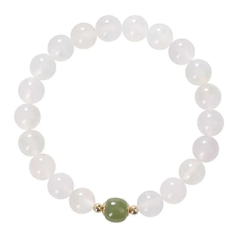 Handmade white agate and Hetian jade crystal bracelet with cinnabar accents in 6mm or 8mm bead sizes