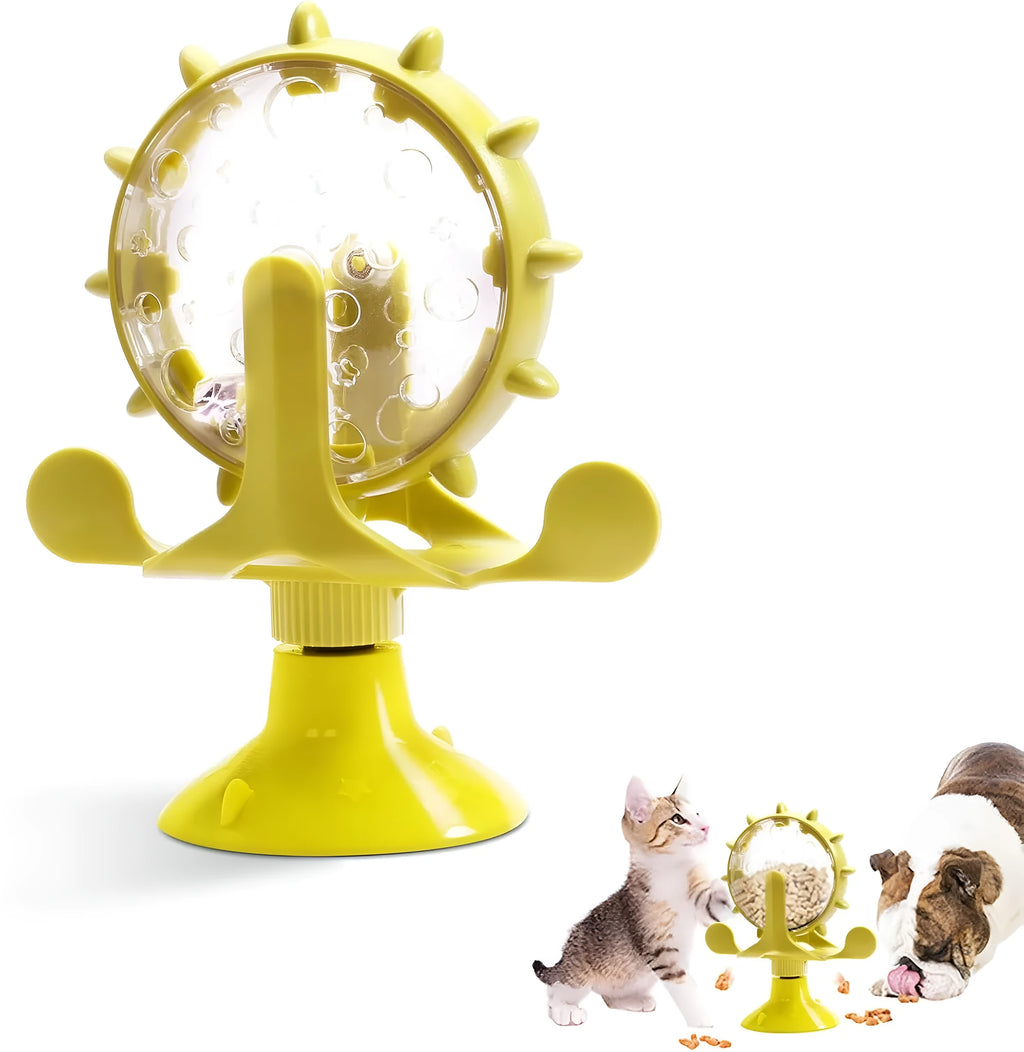Interactive pet spinner feeder toy in blue green red yellow colours with floor sucker for cats and small dogs
