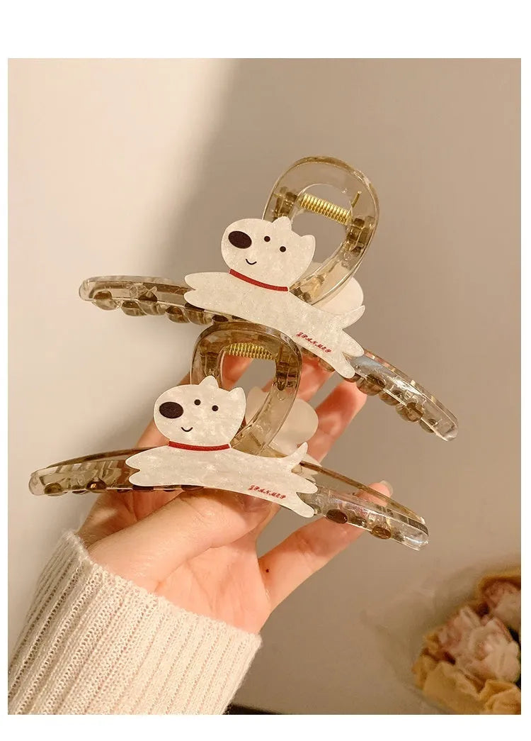 Korean style puppy hair grip barrettes in beige and brown colours with cartoon animal design
