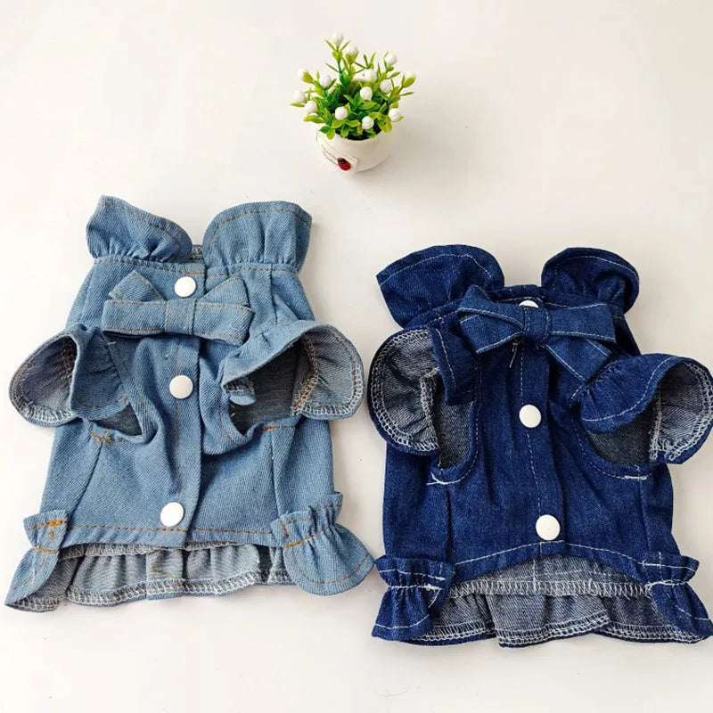Dark blue denim pet dress with ruffled vest design and leash hook for dogs and cats