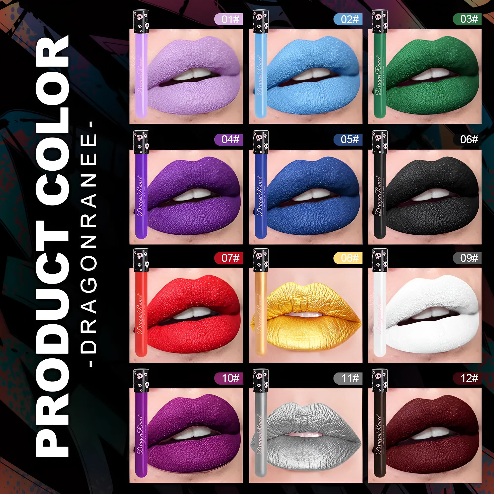 DR160 test tube skull Halloween lip gloss in gold and silver matte shades with waterproof durable formula