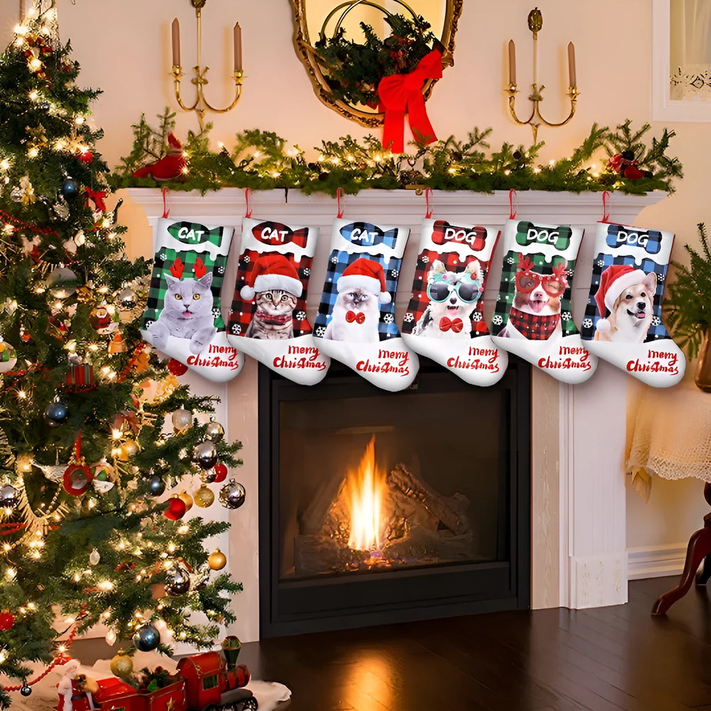 American style cloth Christmas decoration with plaid printed puppy and cat designs, size 26x36cm.