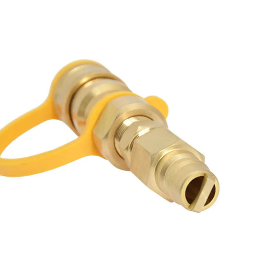 Gold-coloured brass 3/8-inch gas tank connector with visible threads for propane conversion.