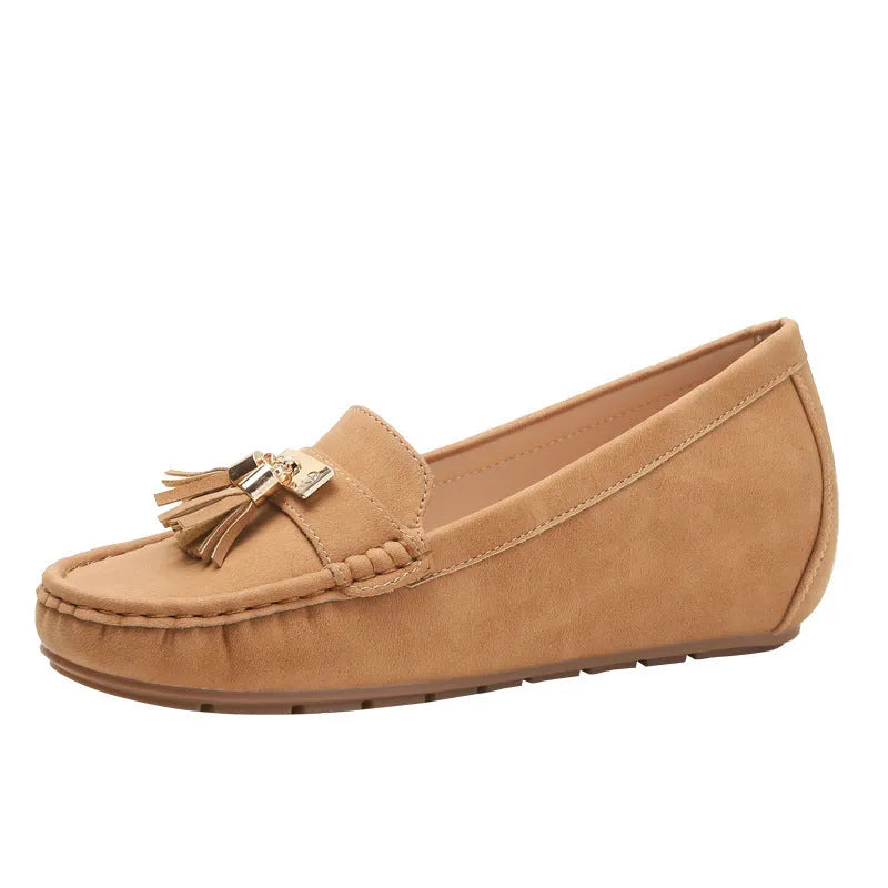 Beige, black, blue, and brown mid-heel height increasing shoe insoles with round toe and oversleeve design.