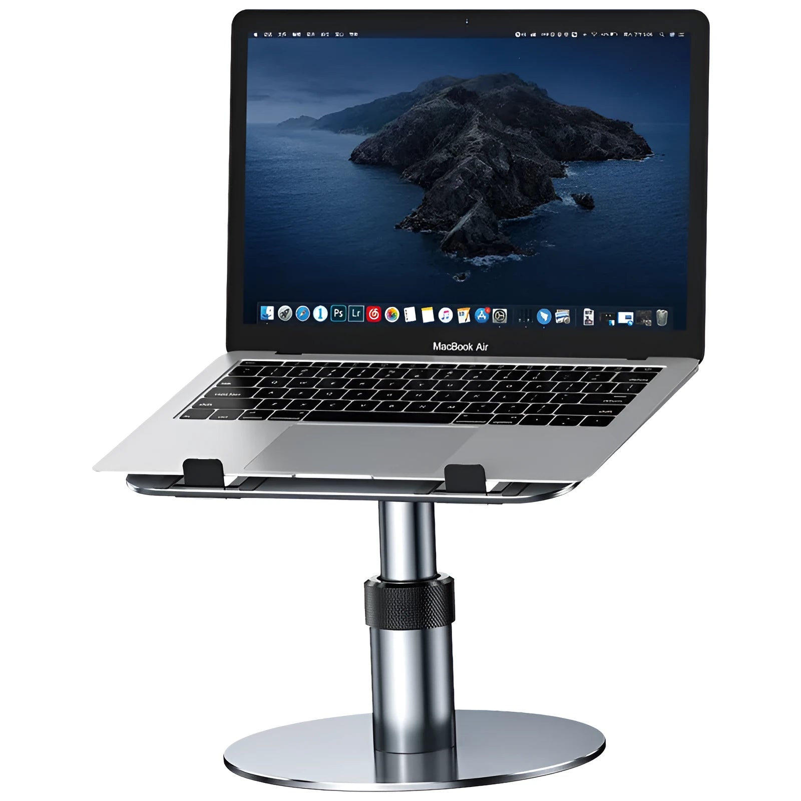 Silver aluminium car laptop stand shown at an adjusted height on a surface.