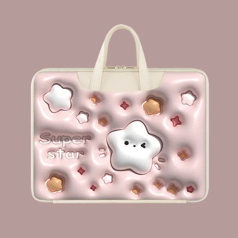 Inflatable laptop bag in PU leather with hanging handle attached to suitcase, showing cute star design