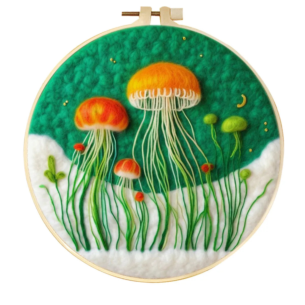 Round linen embroidery kit with wool felt for three-dimensional blanket paintings featuring botanical patterns