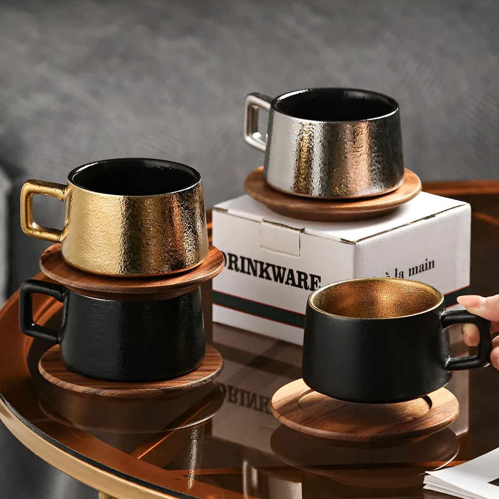 Office afternoon tea gift set showing coffee cup tumbler with gold-plated gift box packaging