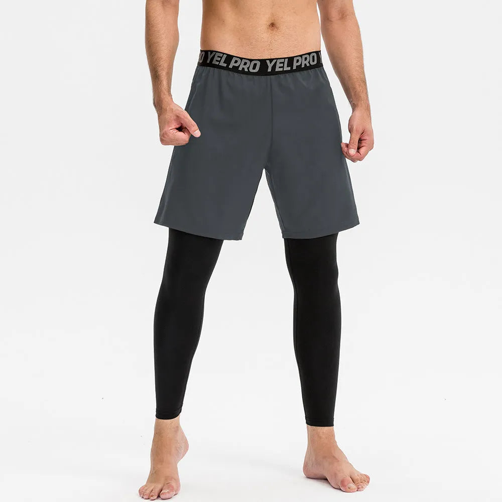 Man wearing grey high elastic tight sports pants for fitness exercise.