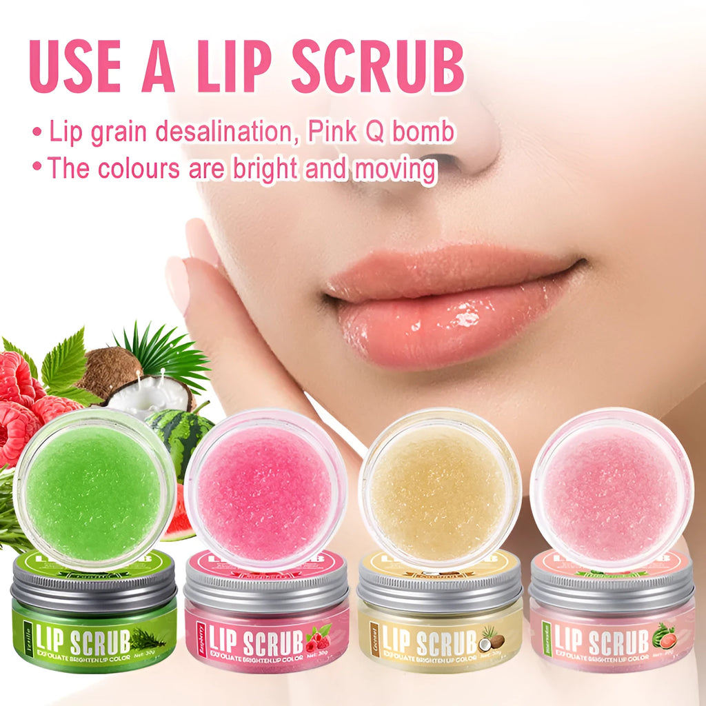 Amatoni lip scrub pot with fruit flavours including coconut, raspberry, vanilla, and watermelon