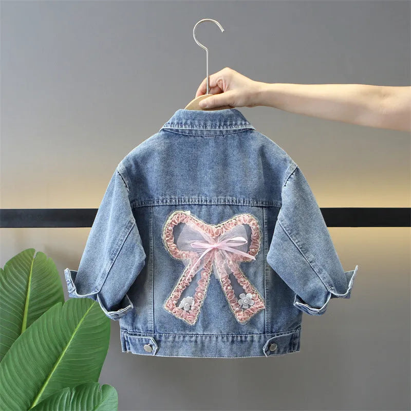 Girls single-breasted denim bow coat in pink or white, cotton fabric, back bow detail, cartoon pattern, spring autumn wear