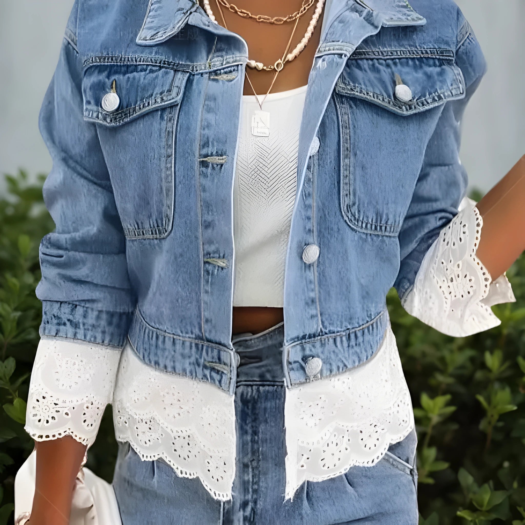 Blue denim jacket with lace stitching decoration, long sleeves, adult lady style