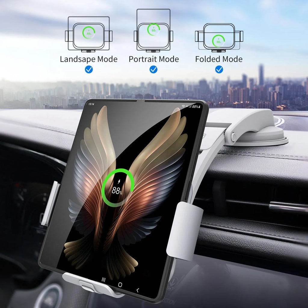 Grey wireless charging car phone holder with folding screen shown with air vent clip and suction cup mount