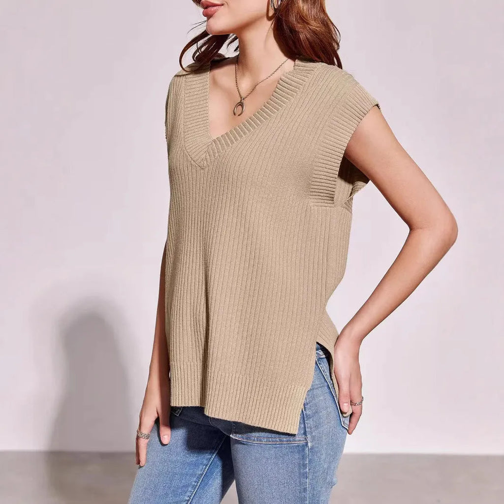 Women's V-neck sleeveless pullover vest in thin viscose fibre fabric, camel colour, loose casual fit